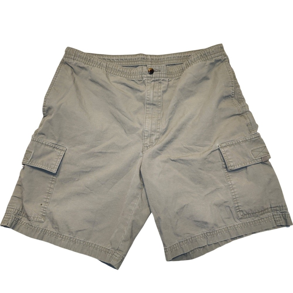 Haggar Mens Cargo Shorts Olive Green 100% Cotton Elastic Waist 34 Utility casual